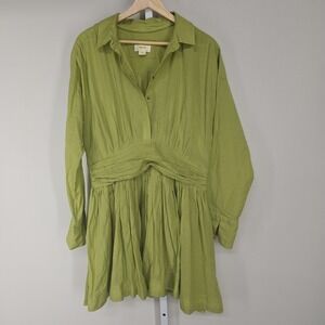 Maeve Anthropologie Green Ruched Waist Long Sleeve Mini Shirt Dress Large